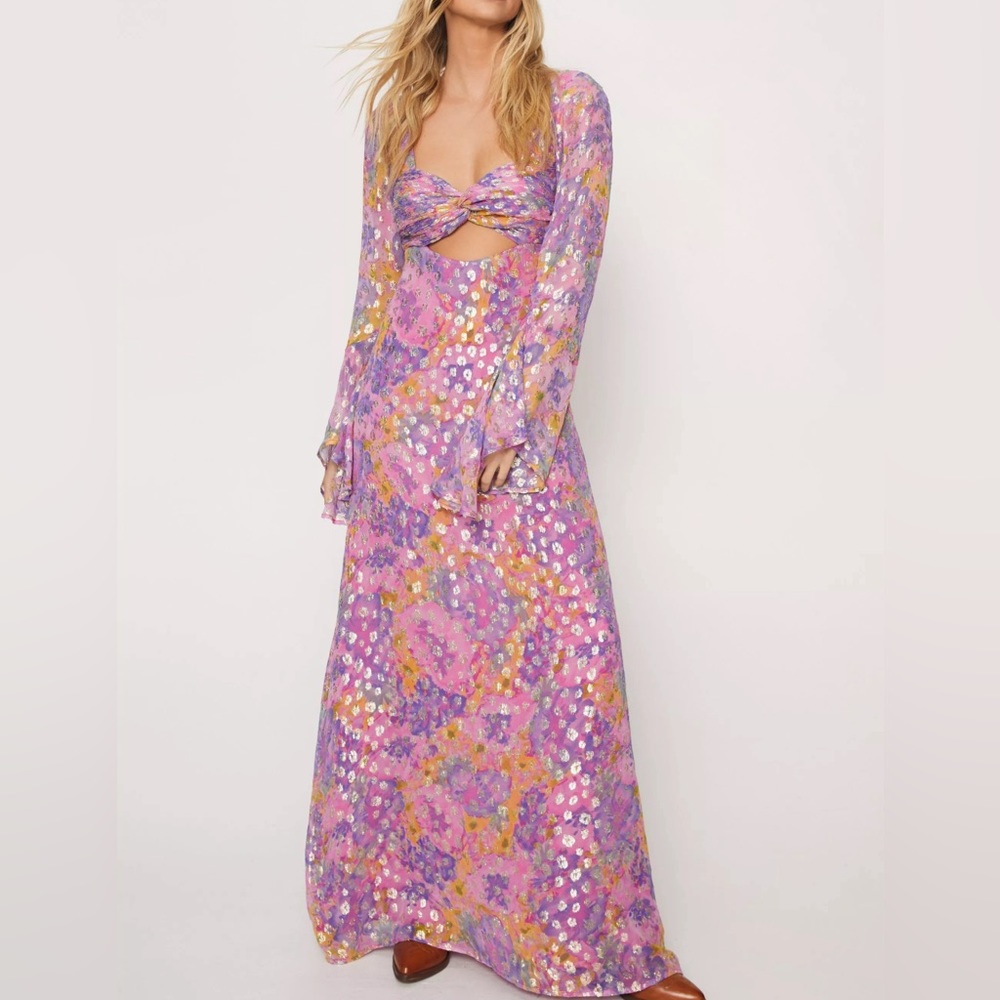 NastyGal [quite the vulgar name] Floral Metallic Ruched Bust Maxi Dress